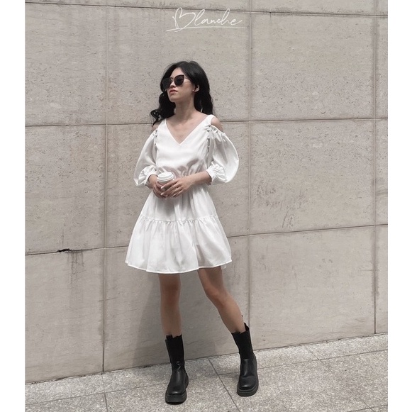Đầm trắng CHARLENE 2-WAY DRESS mặc 2 kiểu tay có thể tháo rời, Đầm trắng tiểu thư sang trọng