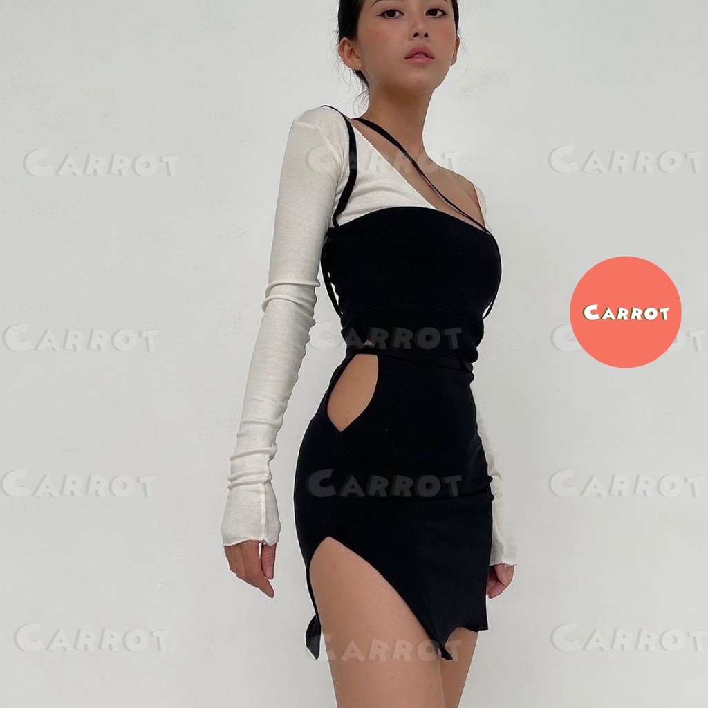 Đầm body sexy tay dài carrotxinhdep váy ôm eo ôm ngực màu đen ngắn dự tiệc chất thun gân co giãn tặng kèm áo trắng (106)