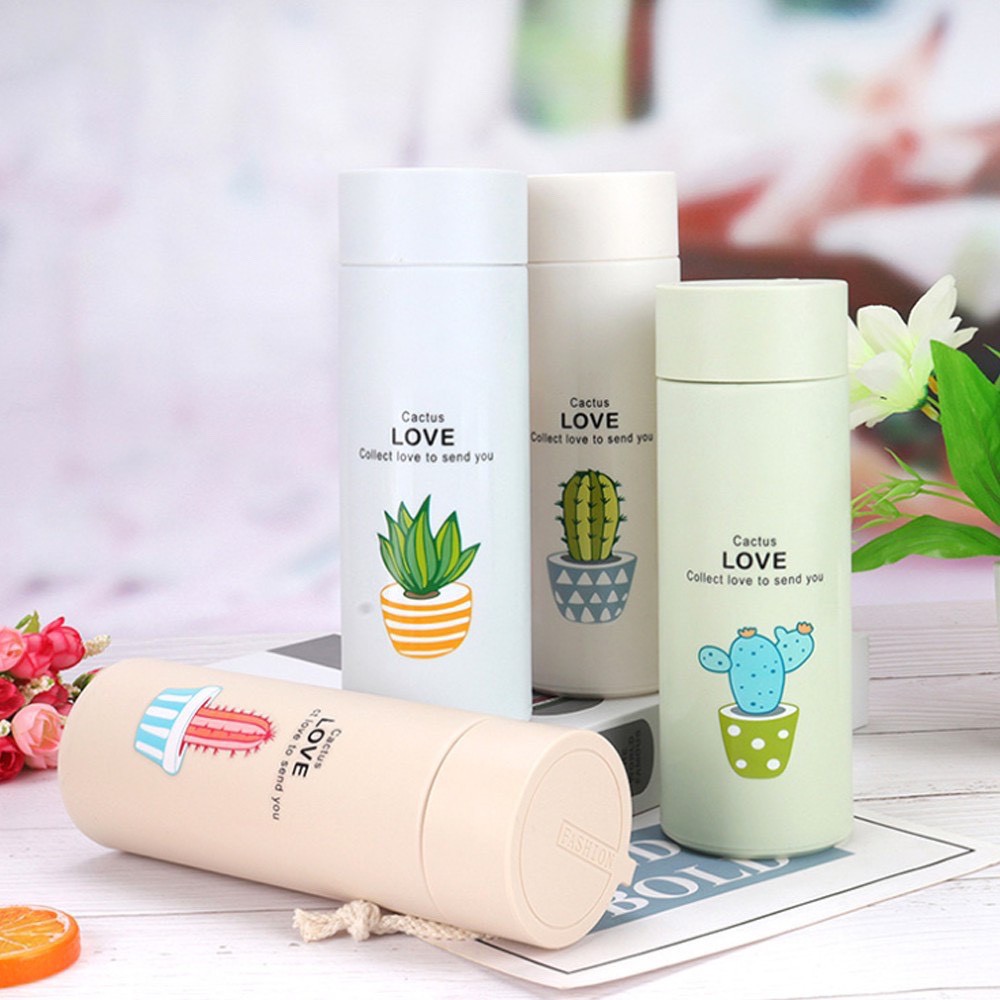 Bình nước in hình xương rồng 400ml lõi thủy tinh bọc vỏ nhựa lúa mạch có dây sách