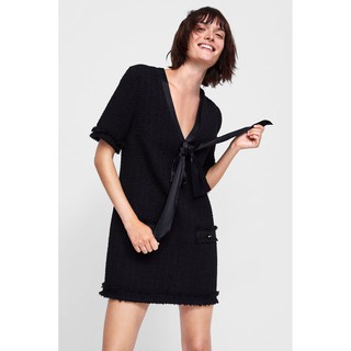 Đầm ZARA dạ thô đen nơ lụa sang chảnh
