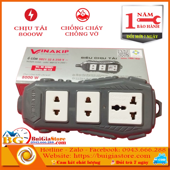 Ổ cắm điện siêu chịu tải 8000W Vinakip S021 32A 250V~ Chống cháy, chống vỡ, chịu tải lớn