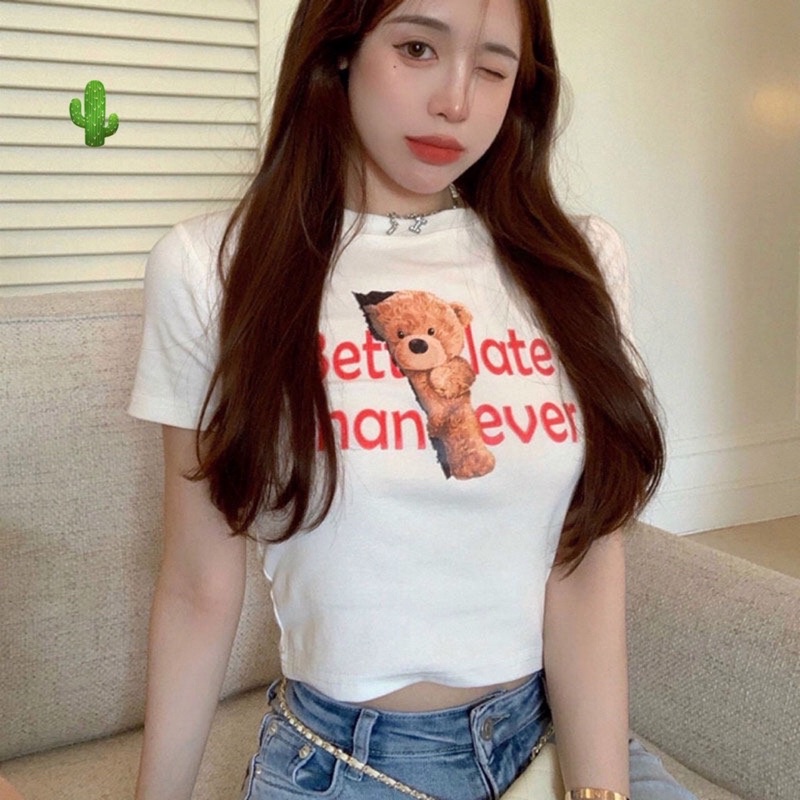 ÁO KIỂU CROPTOP GẤU TAY NGẮN NỮ ALOHASHOP91