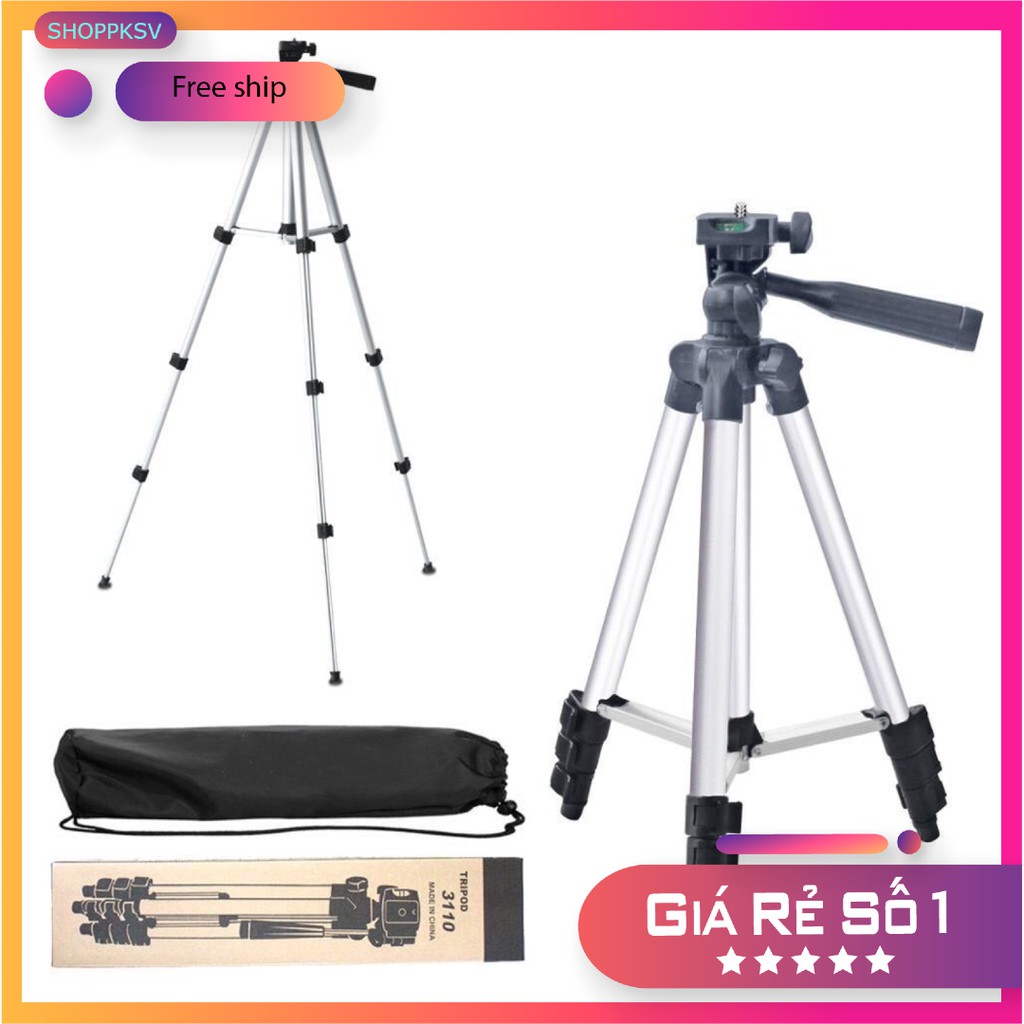 Chân quay tripod 3110 Nhôm cao cấp, có kèm giá điện thoại có thể kẹp mọi cỡ điện thoại to nhỏ.