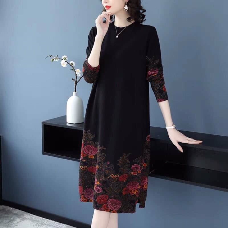 Đầm len nữ trung niên cao cấp hoạ tiết sang trọng quý phái NP2537