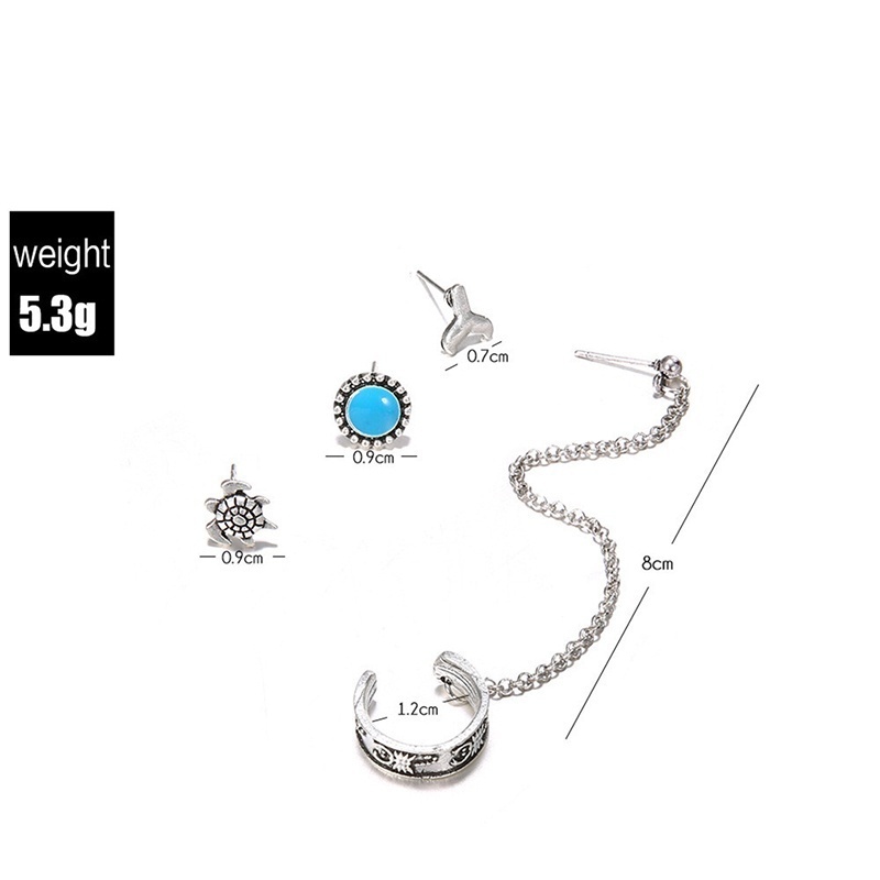 4pcs/set Fashion Earring Set Silver Bohemian Sea Turtles Fishtail Chain Women Combination Earrings  Vintage Style Earring