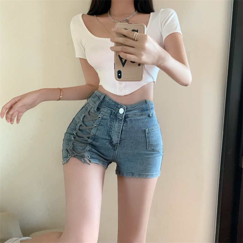 Quần Short Denim Lưng Cao Dáng Ôm Cột Dây Phối Dây Rút Thời Trang Mùa Hè Cá Tính