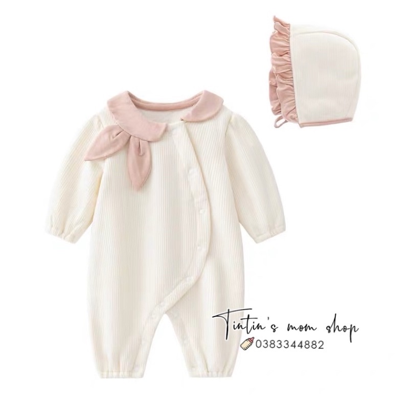 Sét body tiểu thư đầy tháng thôi nôi thun gân lót bông cổ tai thỏ kèm mũ cho bé gái