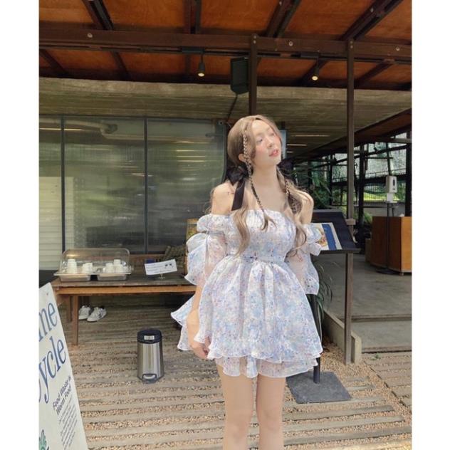 ĐẦm voan hoa xanh rớt vai xòe chiết eo