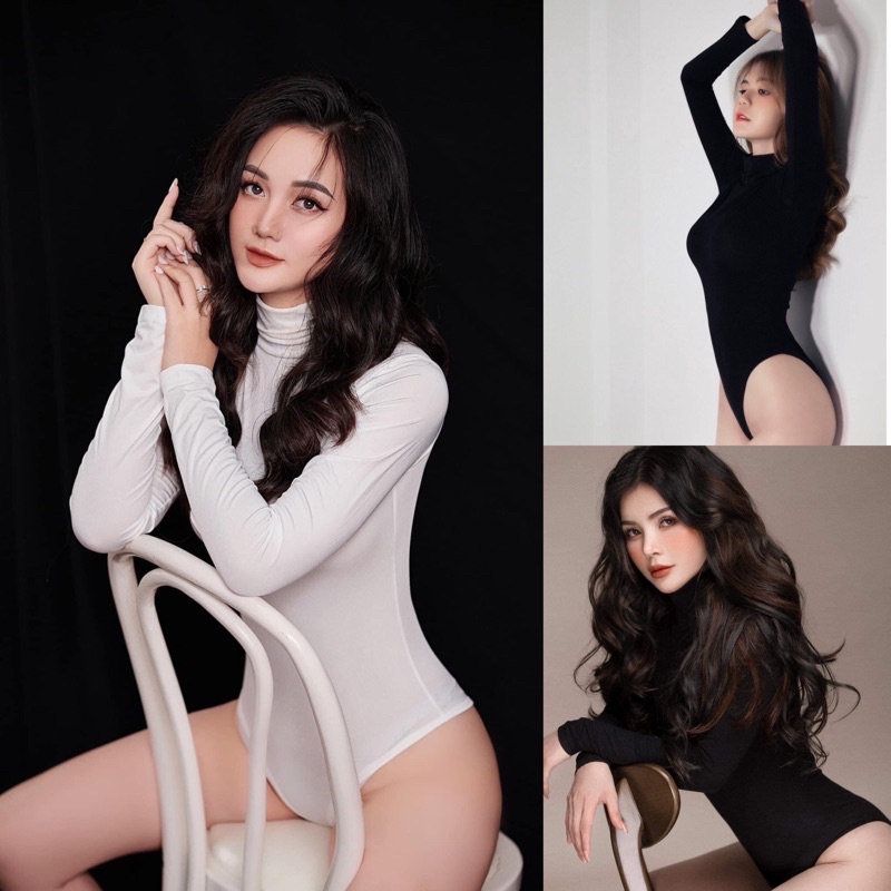 Áo bodysuit dài tay đen và trắng trơn chụp Studio-HÀNG CANH SALE TTKXA0133