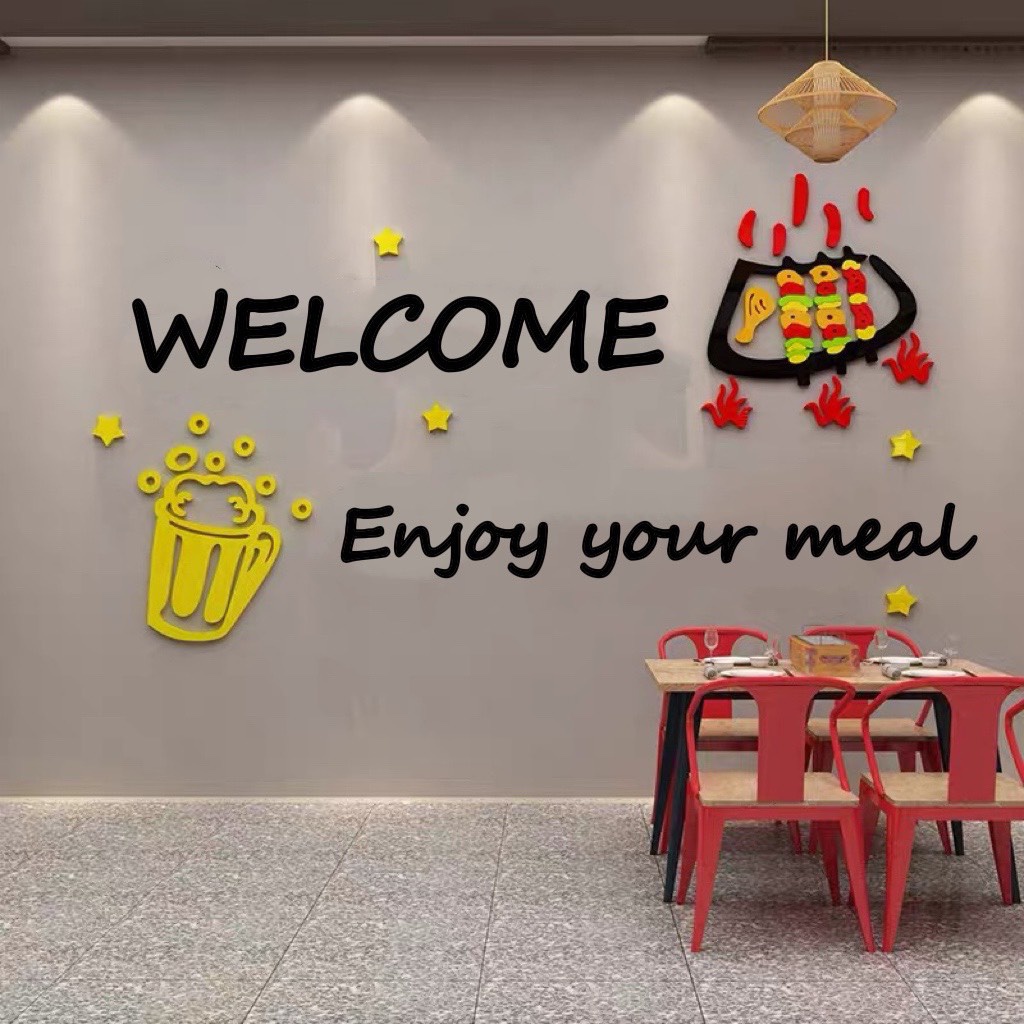 Decal dán tường mica dán nổi trang trí quán nướng lẩu, nhà hàng ăn uống, cafe, trà sữa, nhậu