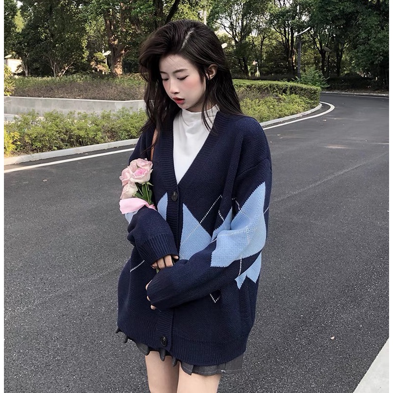 Áo Khoác Len Cardigan Nữ Họa Tiết Thổ Cảm Kim Cương Dáng Rộng Phong Cách Hàn Quốc