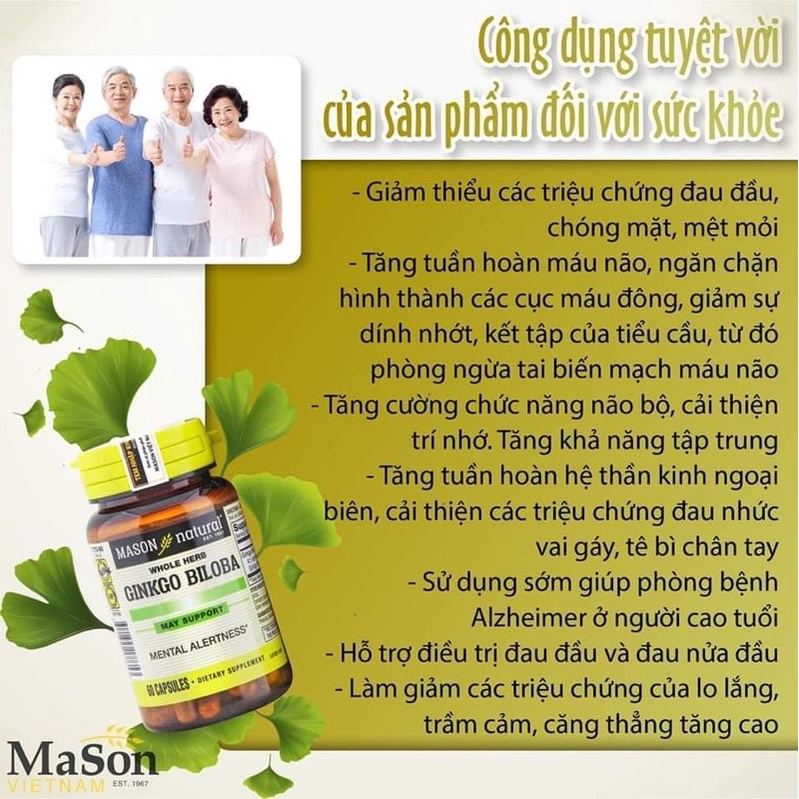 Viên Uống Mason Natural Ginkgo Biloba Hỗ Trợ Chức Năng Bộ Não, Hệ Thần Kinh 60 Viên