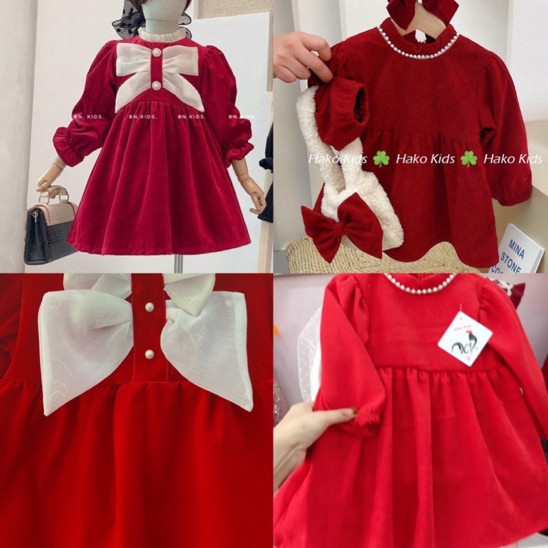 Váy nhung đỏ cho bé gái 1-6 tuổi, váy đỏ diện tết Noel siêu xinh, đầm nhung đỏ cho bé