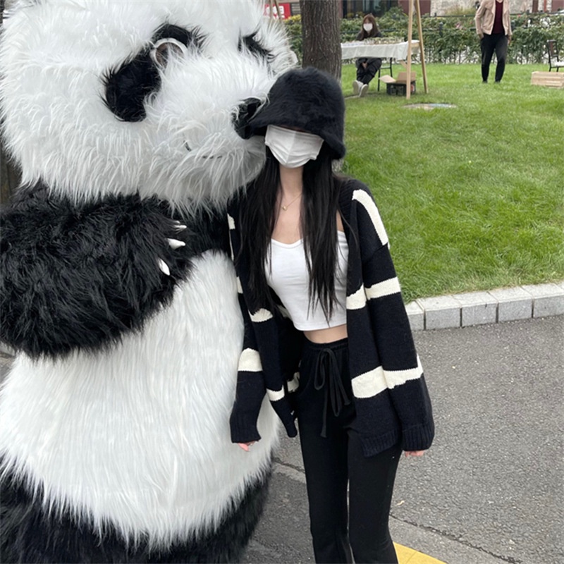 Hàng Sẵn_ Áo khoác len nữ dệt kim kẻ sọc phong cách hàn Hadu shop