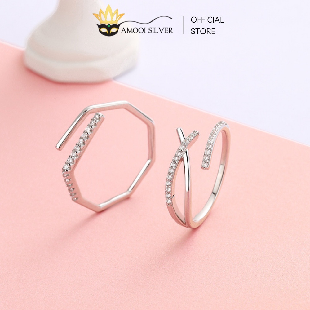 Nhẫn Bạc S925 Freesize Dáng Hở Mẫu Chéo Khúc Nạm Đá - Amooi Silver AN83