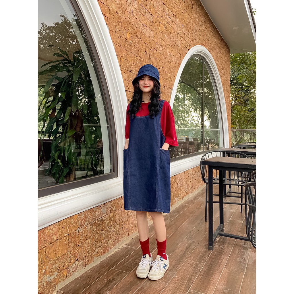 Yếm váy lửng jeans xanh đậm judy