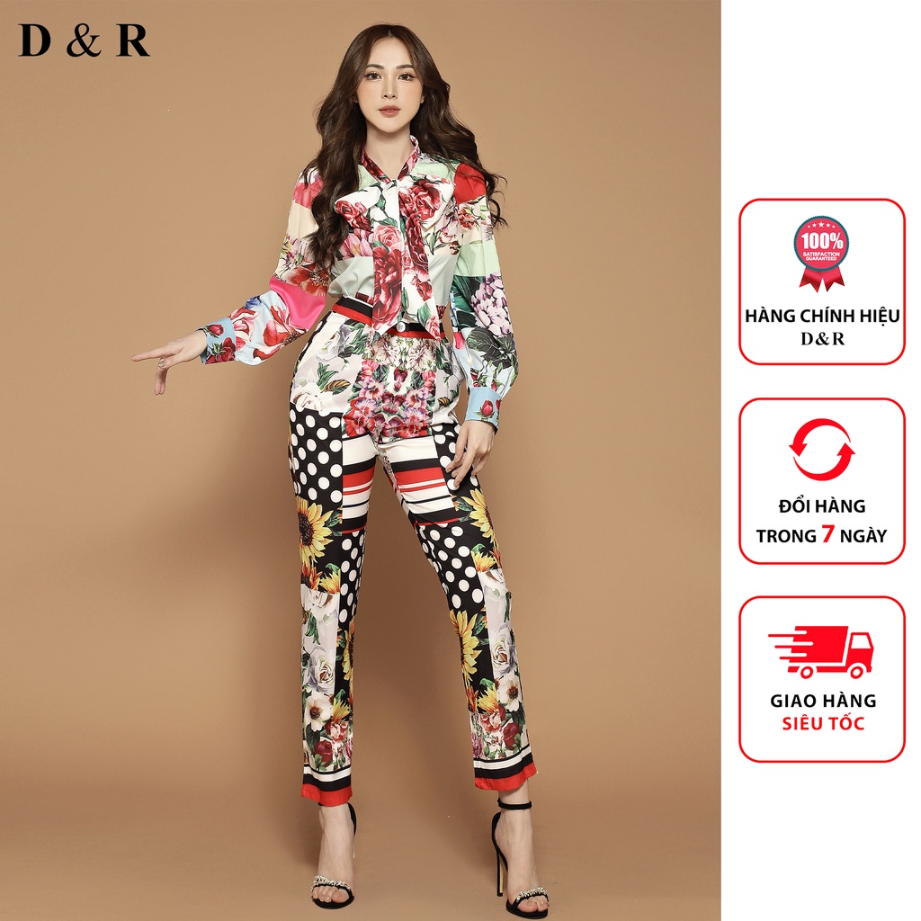 Đồ bộ quần áo nữ mùa hè họa tiết thổ cẩm Quảng Châu cao cấp set lụa thiết kế thương hiệu thời trang D&R S003