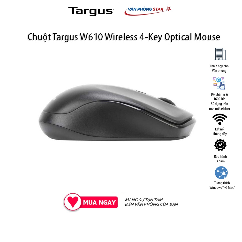 Chuột Không Dây Targus W610 Wireless 4-Key Optical Mouse 1.600 dpi Công nghệ không dây 2,4 GHz bảo hành 3 năm