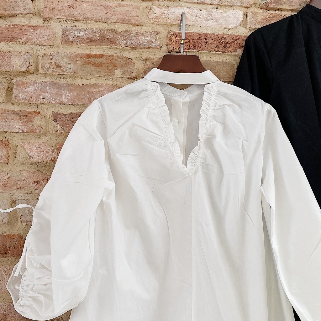 ÁO SƠMI KIỂU FORM SUÔNG CỘT NƠ TAY ÁO HAI MÀU TRẮNG ĐEN - BOW SHIRT