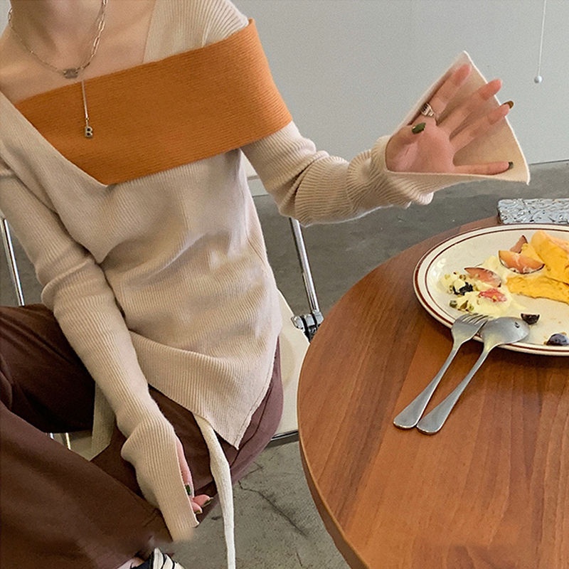 【77】 Áo sweater dệt kim dáng ôm màu sắc tương phản thời trang thu đông cho nữ