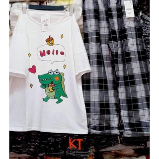 Sét Bộ Áo In Hình Thú Cute Và Quần Kẻ Đẹp Mặc Mùa Hè, Mặc Ở Nhà, Áo Phông Cotton Mát Mịn Phong Cách Hàn Quốc