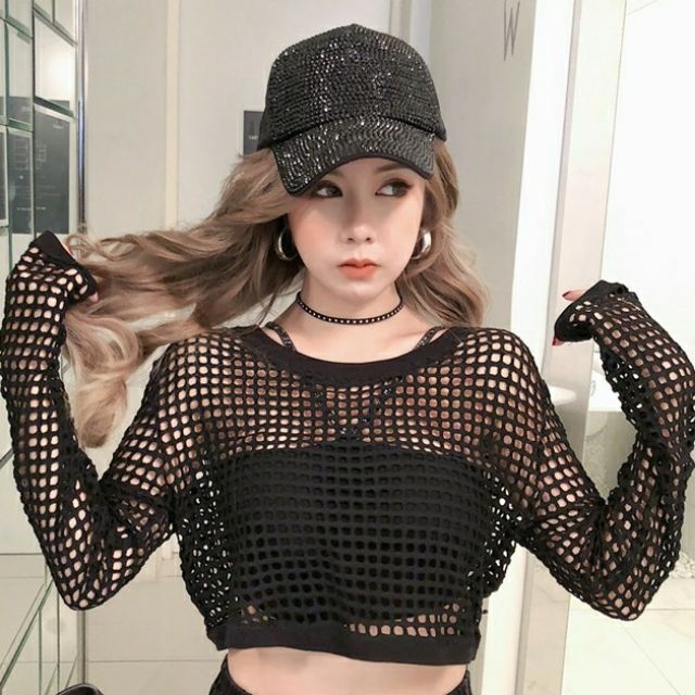 Áo lưới tay dài dáng croptop khoe eo siêu gợi cảm màu đen sexy hàng QC cao cấp