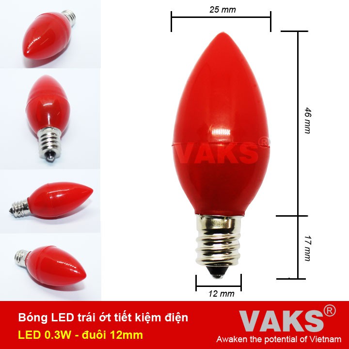 Bộ 10 bóng đèn Led trái ớt tiết kiệm điện đuôi E12 - ánh sáng đỏ