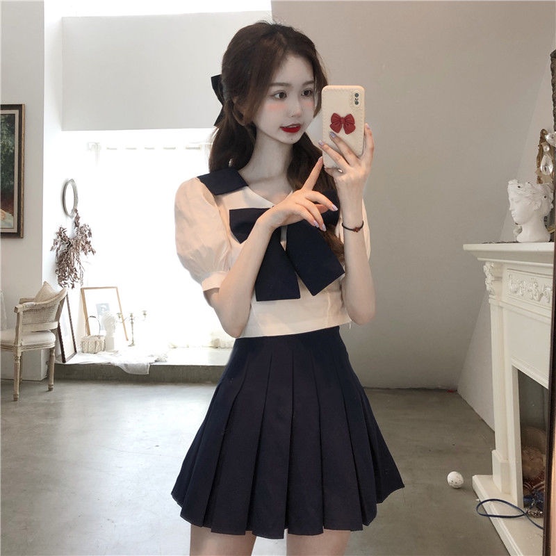 Jiashucheng Bộ Áo Ngắn Tay + Chân Váy Xếp Ly Xinh Xắn Theo Phong Cách Mùa Hè Nhật Bản Dành Cho Nữ