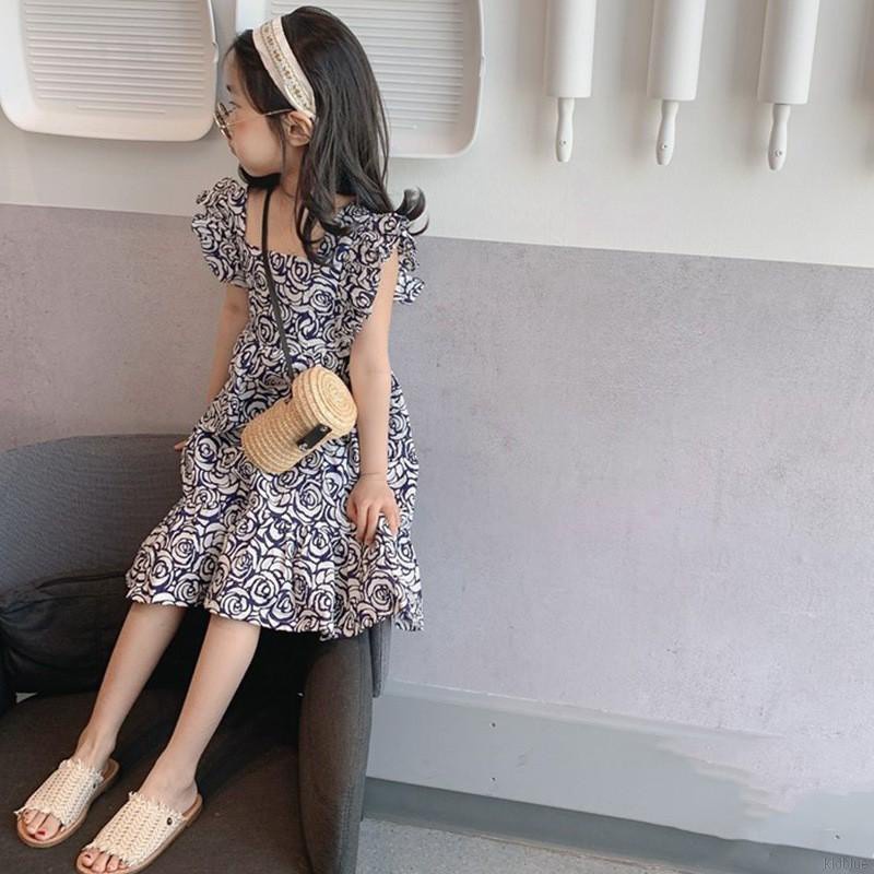 Đầm Công Chúa Cổ Vuông Tay Cánh Tiên In Hoa Thời Trang Mùa Hè Dành Cho Bé Gái