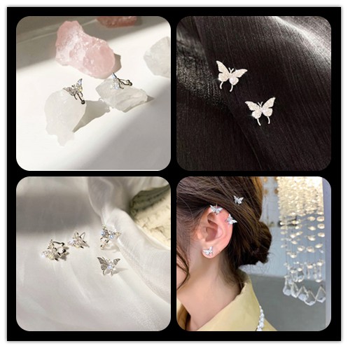 Bông tai mạ bạc hình bướm đính đá xinh xắn phong cách Hàn quốc