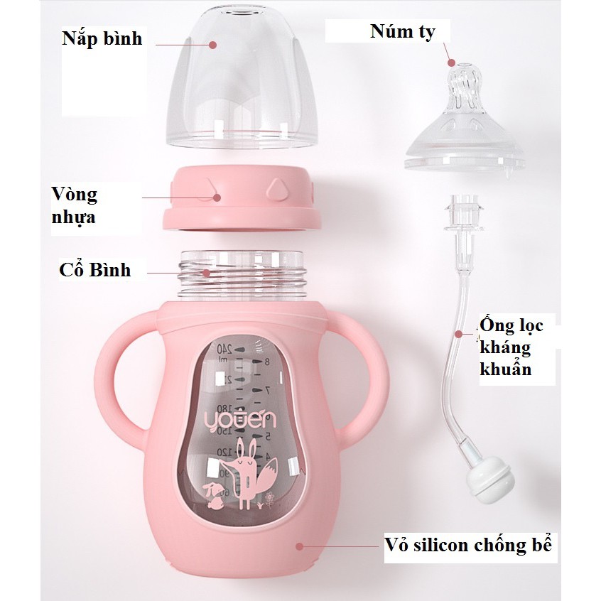 BÌNH SỮA THUỶ TINH YOUEN CHỐNG VỠ, CHỐNG ĐẦY HƠI CHO BÉ 240ml, 150ml