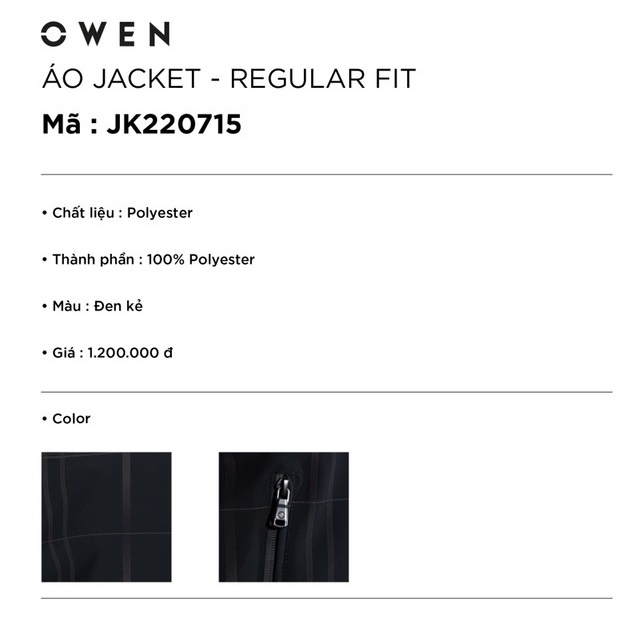 Áo Khoác Gió Nam 2 Lớp Owen JK220715 Jacket Dáng Suông Cổ Đứng Bo Tay và Gấu Màu Đen Kẻ Caro Vải Polyester Cao Cấp