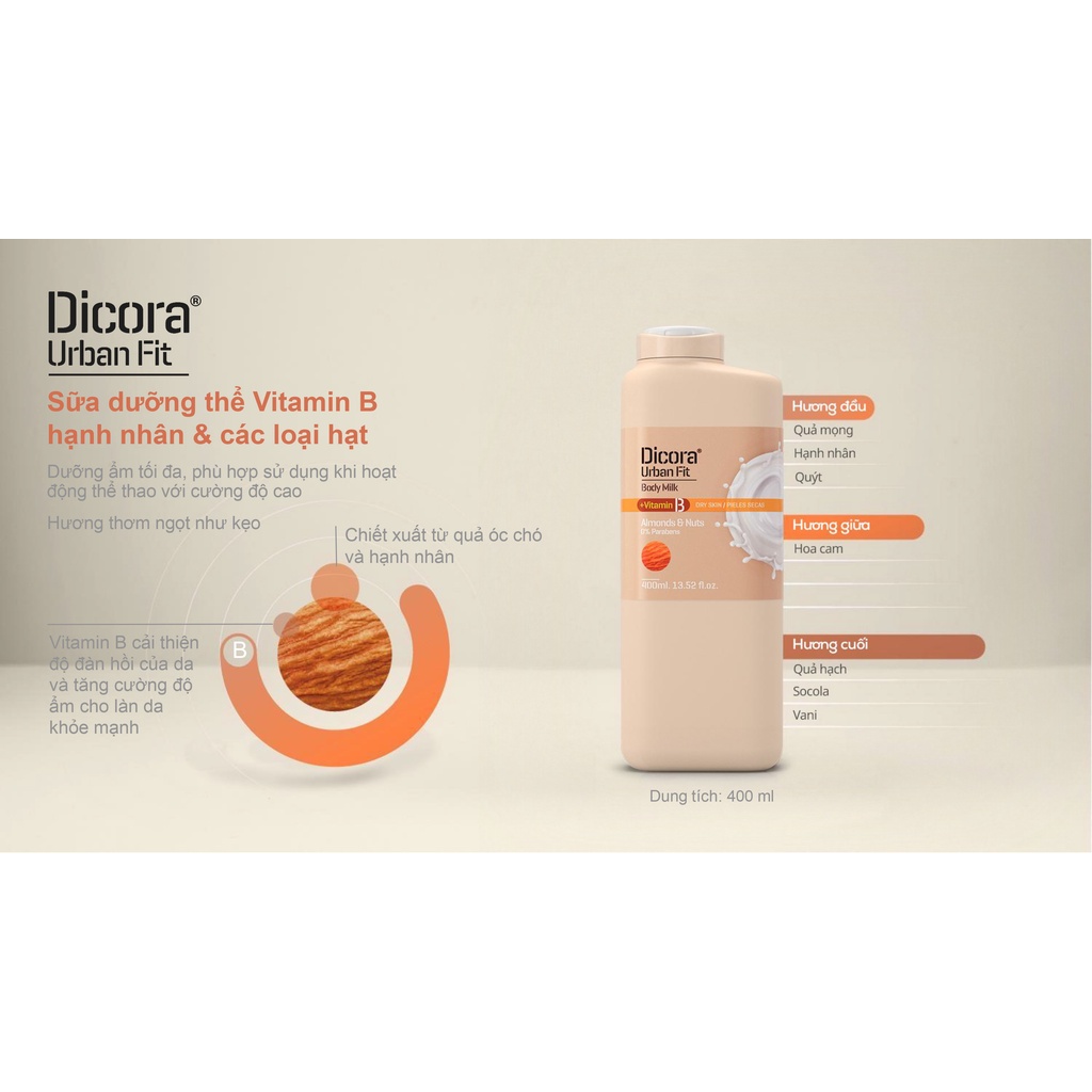 Sữa dưỡng thể Dicora Urban Fit Almonds &amp; Nuts Vitamin B 400ml - BioTopcare Official