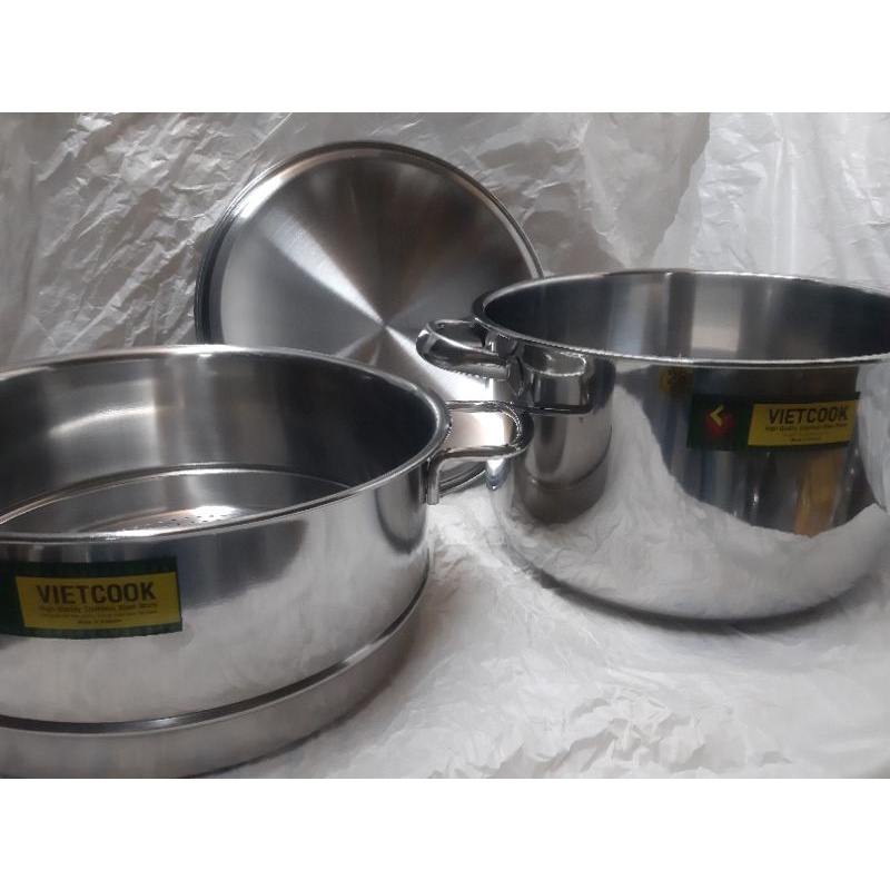 (Video Sp)Bộ nồi xửng hấp inox ,xửng hấp inox 2 tầng nắp kính và nắp inox đáy từ Vietcook size 24,26,28,30,32 chõ đồ xôi