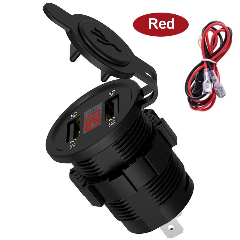 Car Dual USB Charger Socket Adapter LED Display with Dust Cover Power Socket Car Motorcycle Waterproof USB Quick Charge