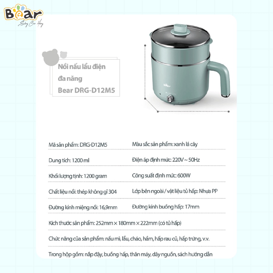 [Bear Chính Hãng] Nồi đa năng mini Bear DRG-D12M5 – Xanh lá nhạt với ông suất lớn 600W kết hợp với 2 mức nhiệt.