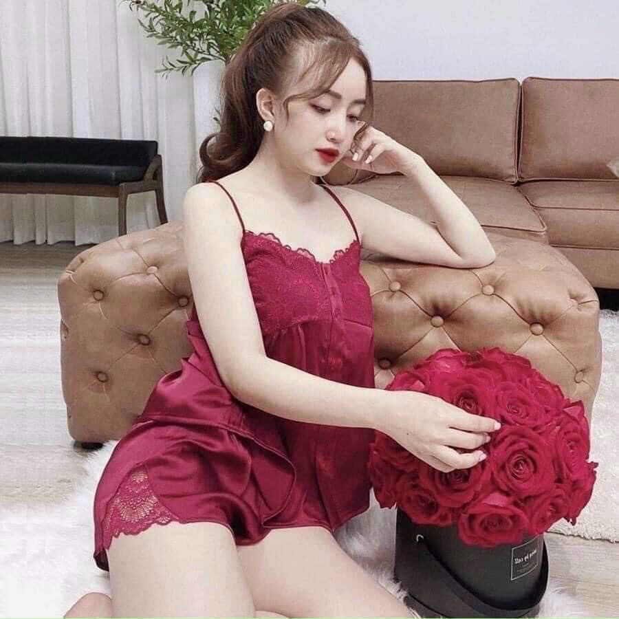 Set đồ ngủ đùi 2 dây phi bóng phối ren quyến rũ tôn dáng tôn da