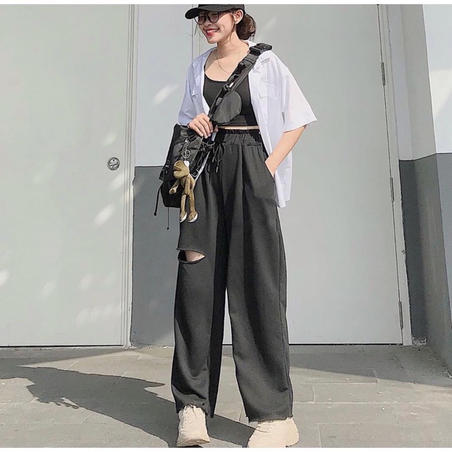 Quần thun ống rộng nữ dáng suông rách gối | BigBuy360 - bigbuy360.vn