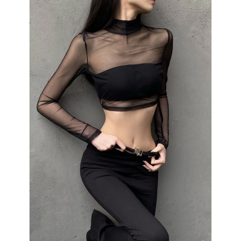 Áo Thun Đen Tay Dài Phối Lưới Xuyên Thấu Quyến Rũ 22SS Niche