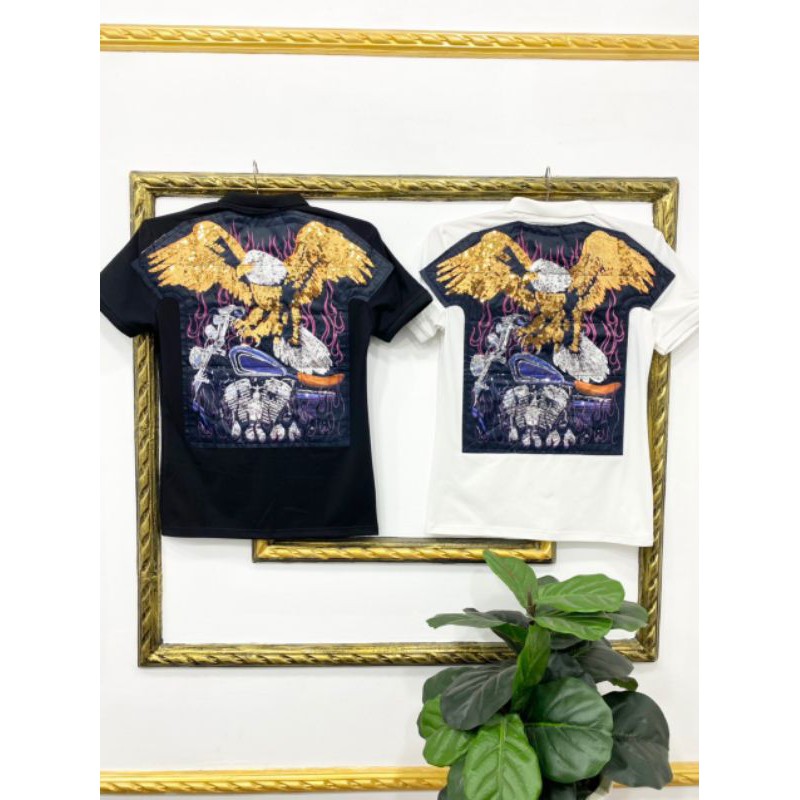 Áo thun cổ bẻ nam nữ Gucciis hình đại bàng full lưng đính đá kim sa cực chất, 100% cotton co dãn