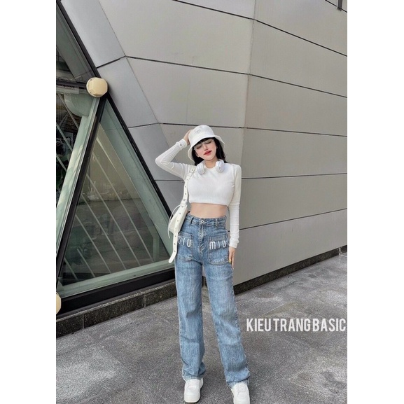 BLACK FRIDAY SALE Quần jeans ống suông lưng cao 2 túi thêu miumiu