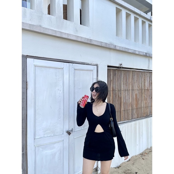 Áo tay dài xẻ tà Hebe Top thun bo gân co giãn