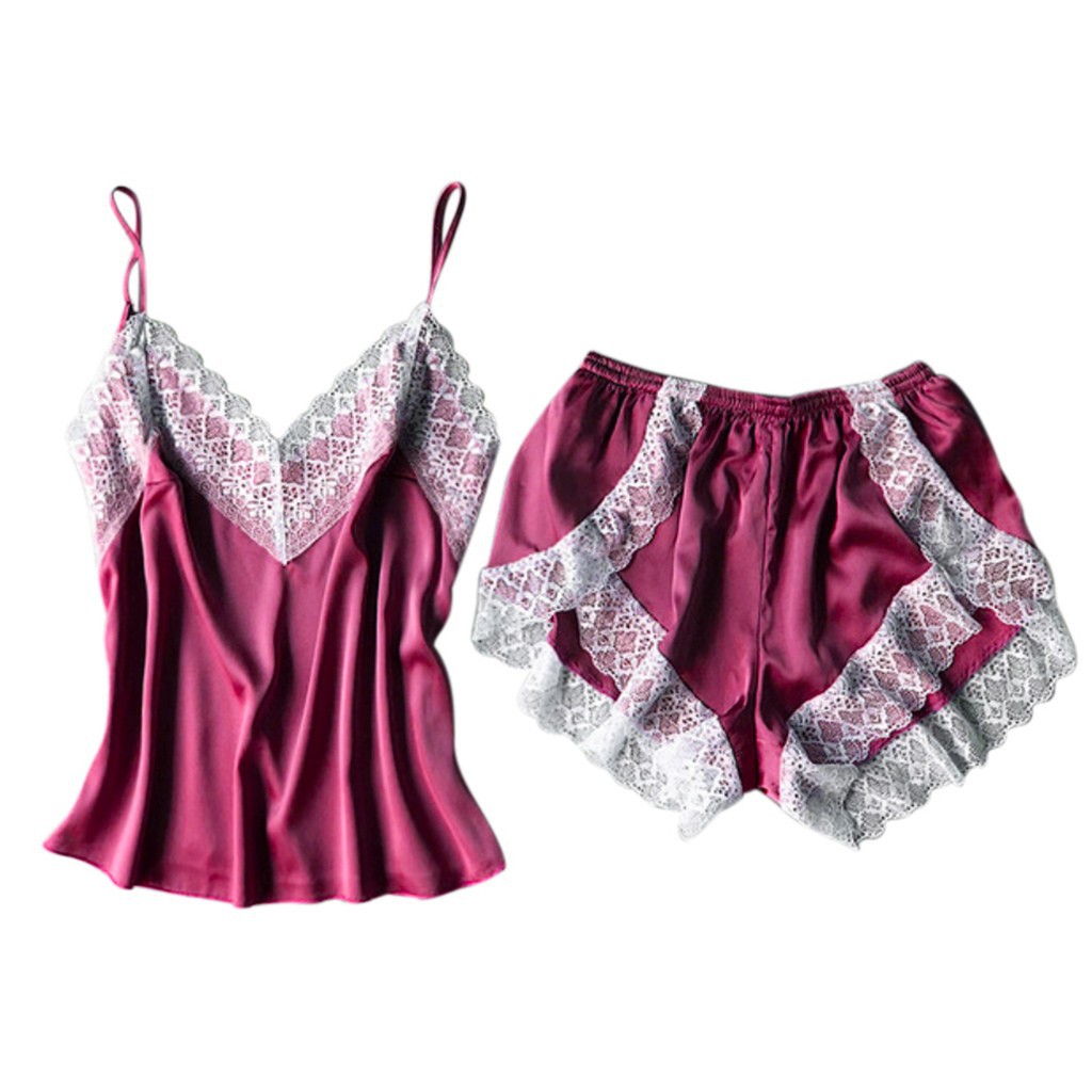 Bộ đồ ngủ phối ren hoa áo 2 dây cổ chữ V + quần ngắn quyến rũ cho nữ | BigBuy360 - bigbuy360.vn