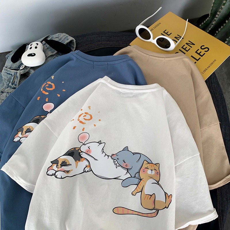 Áo thun 4 con mèo ngủ, áo thun tay lỡ dáng rộng mèo ngủ - kiểu dáng unisex