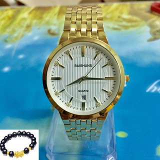 Đồng hồ nam thời trang mặt tròn nền sần dây thép mạ vàng không gỉ Baishuns tặng vòng tỳ hưu phong thủy may mắn BS03