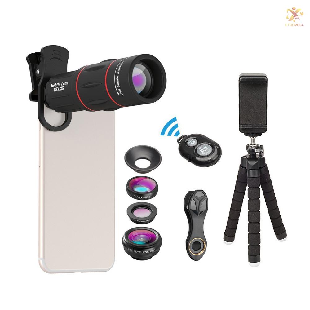 ET APEXEL APL-T18XBZJ5 Telephoto 4 in 1 Cellphone Lens Universal Kit 18X Mobile Phone Telephoto Lens 198° Fisheye Lens 0.63X Wide Angle 15X Macro Lens with Remote Shutter Mini Tripod Phone Holder for     Most Smartphones