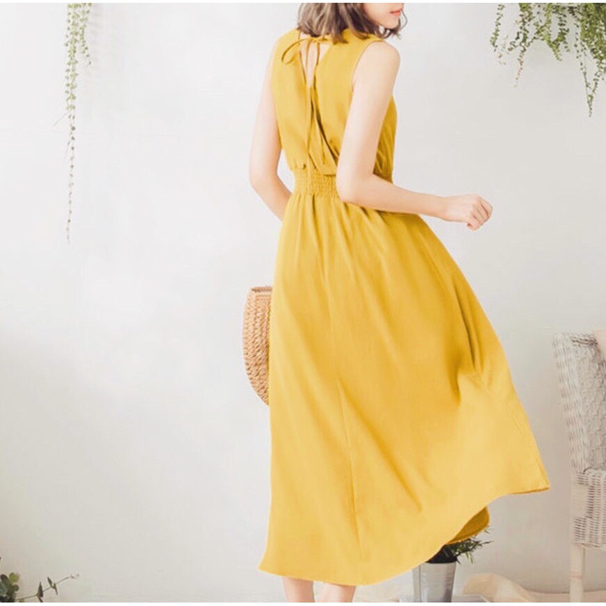 [ẢNH THẬT CUỐI] DM788 - Đầm Maxi Vàng Sát Nách Cổ V Nhún Eo | BigBuy360 - bigbuy360.vn