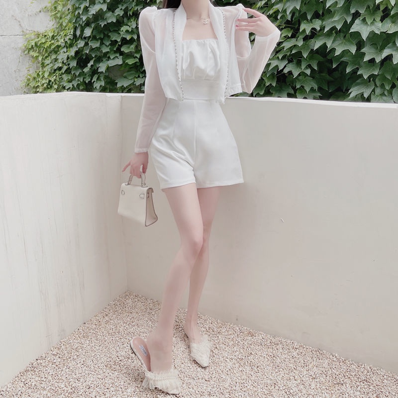 Bộ Áo Liền Quần Ống Màu Trắng Phong Cách Pháp Cổ Điển Thời Trang Mùa Hè Cho Nữ