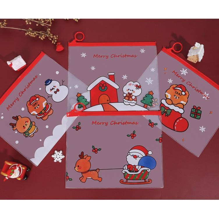 túi ví  bút hình noel   Túi Zip Cứng Đựng Đồ Trong Suốt Hoạ Tiết Cây Giáng Sinh Noel P081