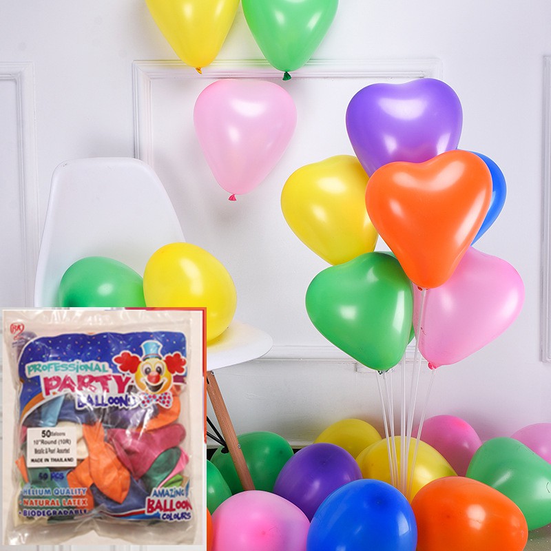 50 Bong Bóng Trái Tim Thái Lan Lớn Nhiều Màu Trang Trí Tiệc Sinh Nhật Lễ 10 inch